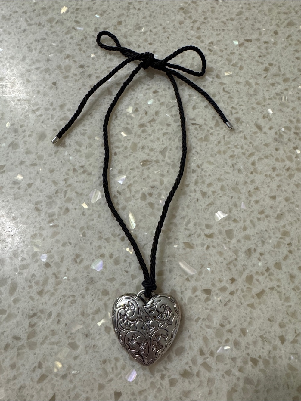 Silver Heart Pendant Necklace with Black Cord